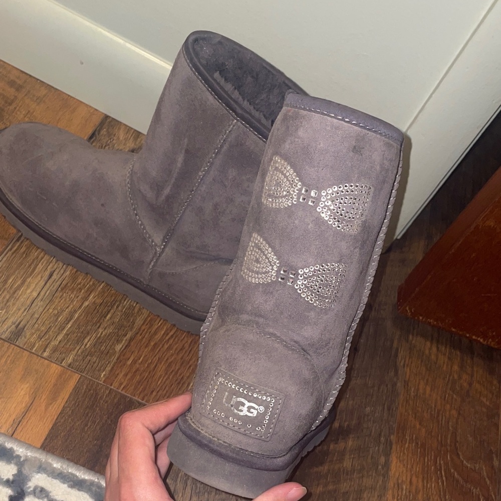 UGG Grey Suede Shearling Boots with Rhinestone Bow Details